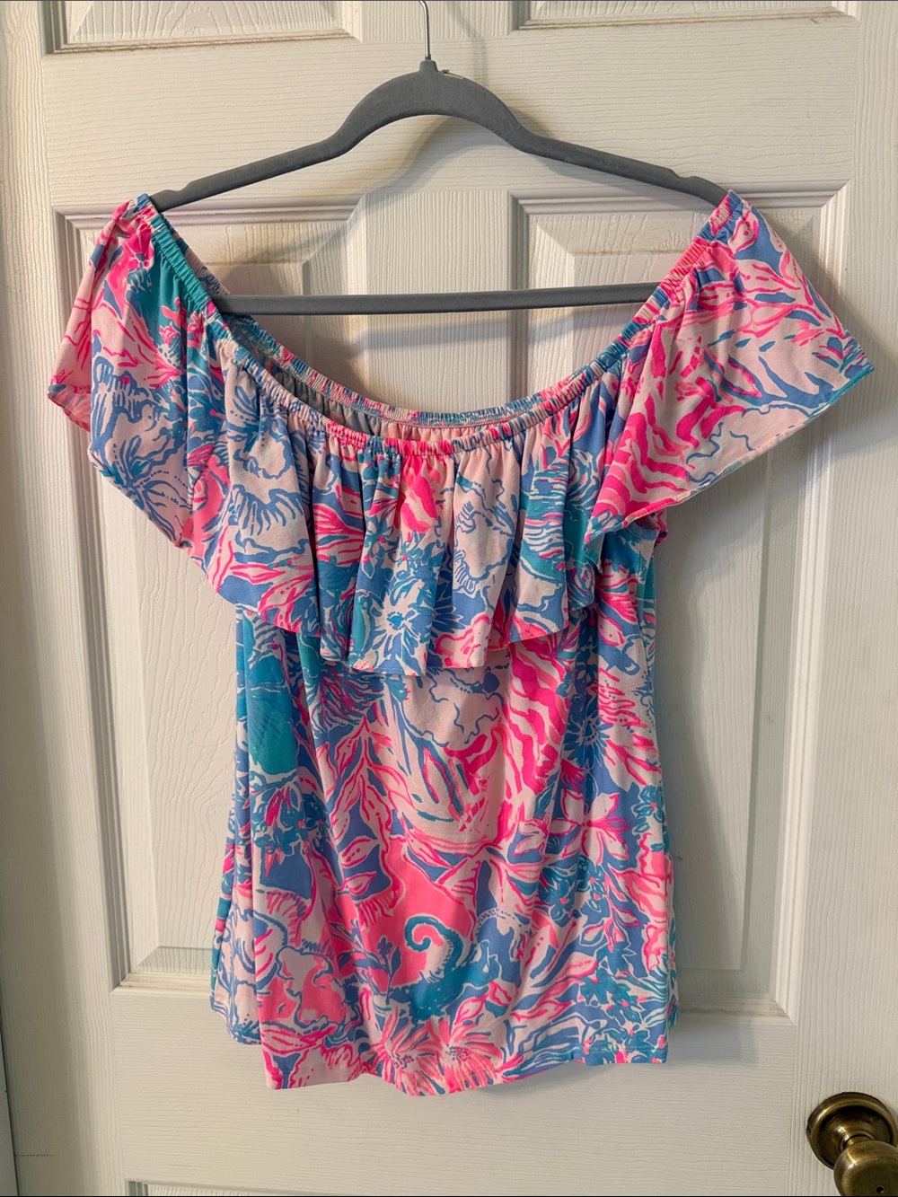 Lilly Pulitzer Off-Shoulder Ruffle Top in Pink, Blue and White - Picture 2 of 3